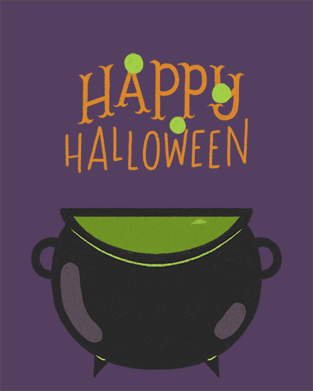 Illustration of a black cauldron with green potion beneath 'Happy Halloween' text.