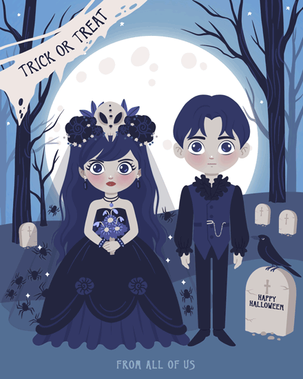 Gothic couple in moonlit graveyard with skulls and spiders, 'Trick or Treat' banner.
