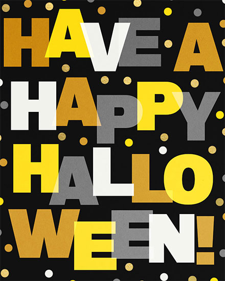 Bold orange, grey, and yellow text with festive dots on a dark background.