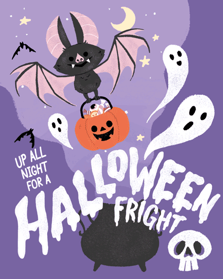 Bat with pumpkin candy bucket, ghosts, and text on purple background.