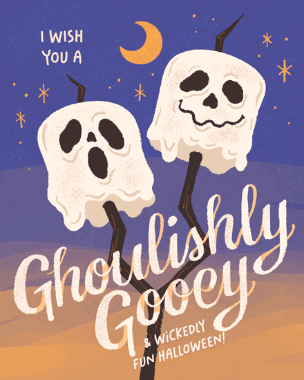 Two ghostly figures with faces on sticks under a moonlit night sky.