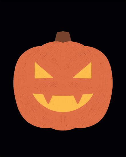 Textured orange jack-o-lantern with glowing yellow eyes and grin on black background