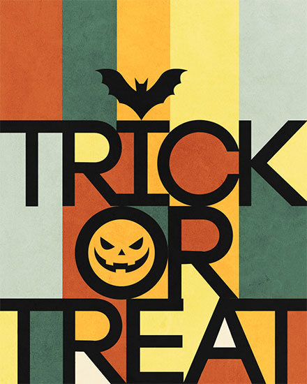 Bold 'Trick Or Treat' text with pumpkin and bat on striped background.