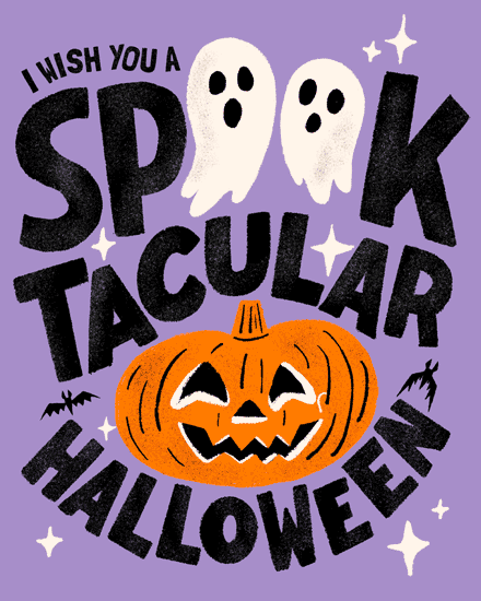 Halloween card with ghosts, pumpkin, and bold text on purple background.