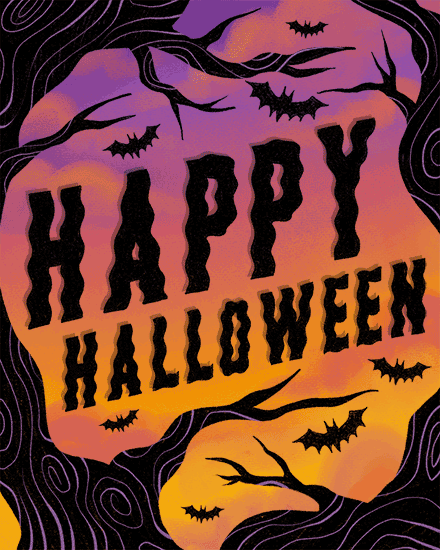 Retro “HAPPY HALLOWEEN” text with bats on orange-purple gradient and swirling dark background