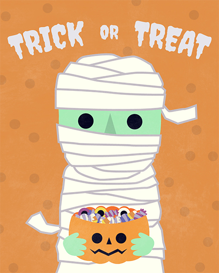 Illustration of a mummy with a candy-filled pumpkin on a polka-dot background.