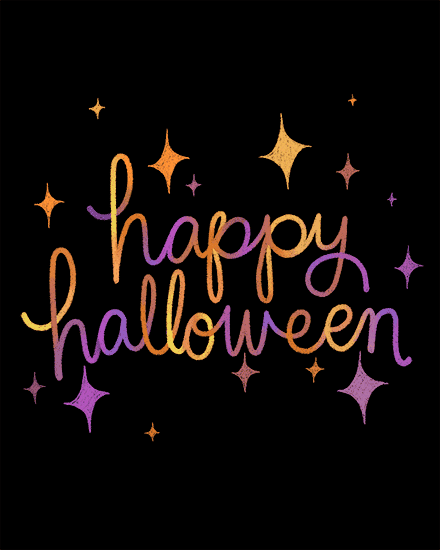 Scripted 'happy halloween' in orange and purple with star motifs on black.