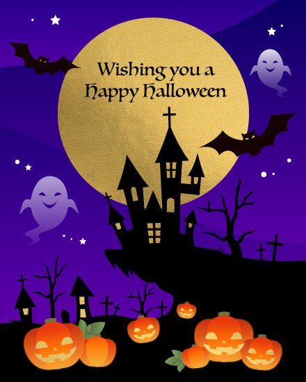 halloween card wishing you a happy halloween spooky house at night