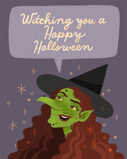 Green witch with a hat and smiling, surrounded by stars, with a Halloween greeting.