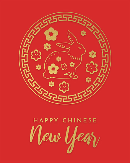 Red card with gold rabbit and floral design saying Happy Chinese New Year.
