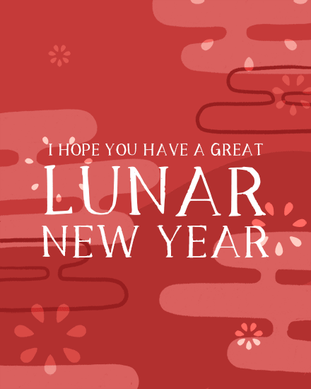Red background with abstract patterns, festive floral motifs, and bold white text wishing a great Lunar New Year.