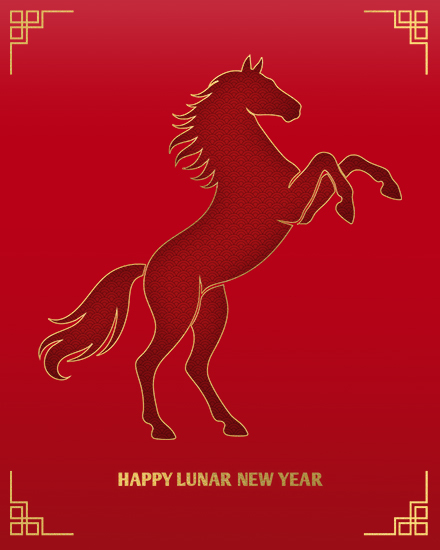 Red card with a gold-outlined horse and decorative corners, reads 'Happy Lunar New Year'.