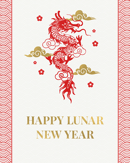 Red dragon with clouds and flowers on a patterned background with Happy Lunar New Year text.