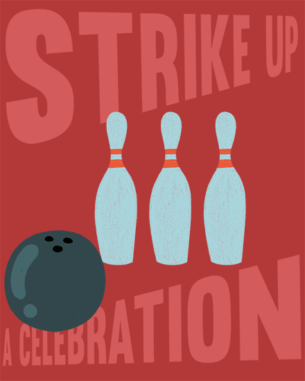Retro bowling design with black ball, three blue pins, and large Strike Up text