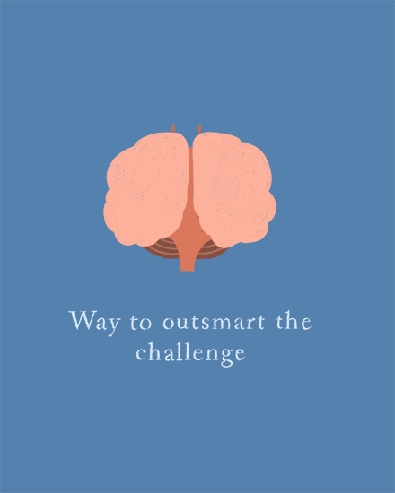 Pink brain illustration on blue background with text “Way to outsmart the challenge”