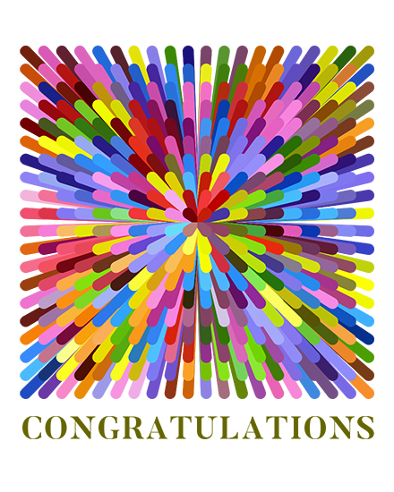 Colorful radial burst of layered strokes above bold CONGRATULATIONS text on white background