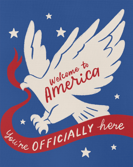 White eagle illustration on blue stars background with red ribbon and “Welcome to America” text