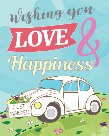 wedding card white wedding car just married vintage