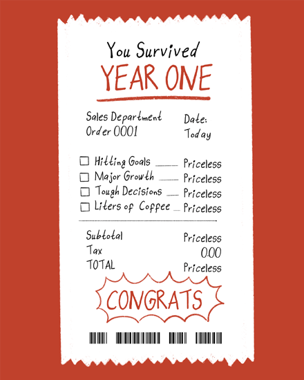 Receipt-style design reading “You Survived Year One” with checklist, barcode, and bold “CONGRATS”.