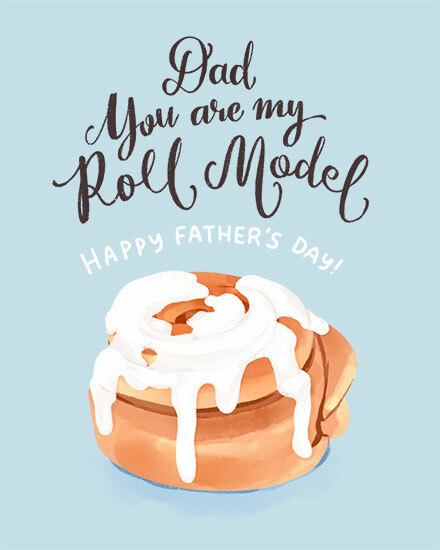 Cinnamon roll illustration with pun text 'You are my Roll Model' on blue background.