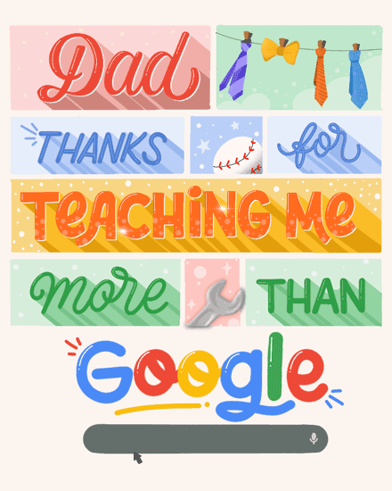 Colorful Father's Day card with playful text, ties, and a wrench design.