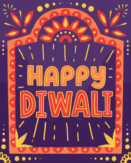 Colorful Diwali greeting with Happy Diwali text and decorative motifs.