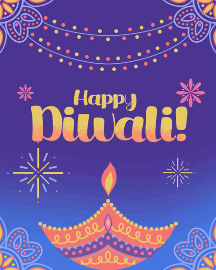 Purple Diwali card with diya, festive lights, and 'Happy Diwali!' text.