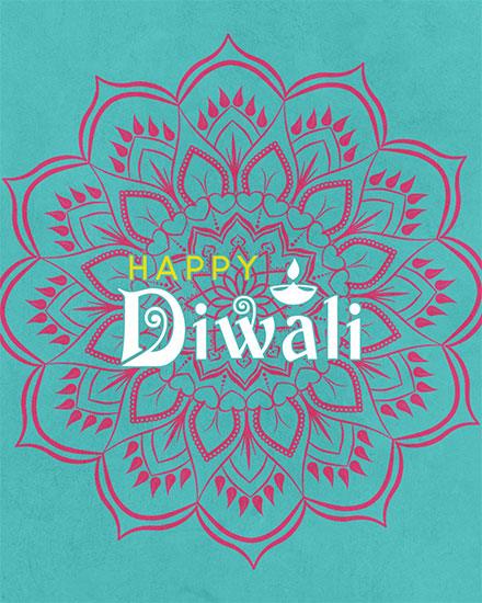 Teal background with pink mandala and 'Happy Diwali' text.