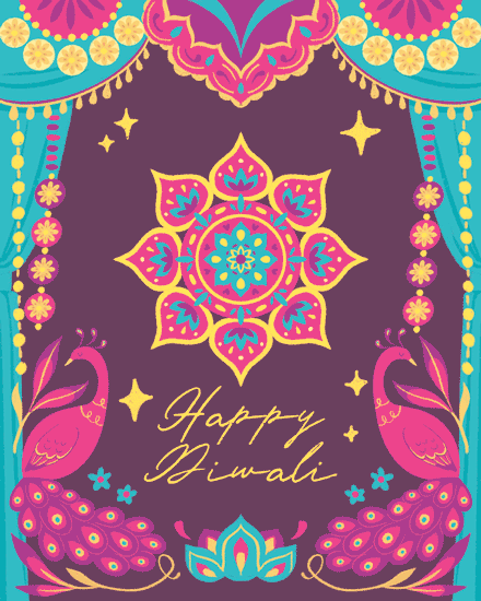 Colorful Happy Diwali design with mandala, peacocks, garland borders, and gold script on plum background