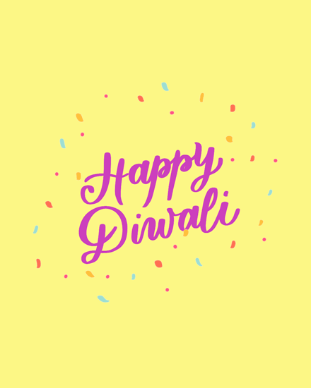 Magenta “Happy Diwali” hand lettering on yellow background with colorful confetti sprinkles
