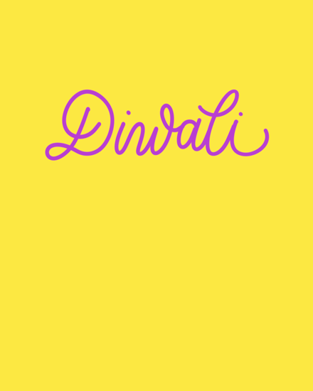 Minimal yellow greeting with purple handwritten “Diwali” script centered on plain background