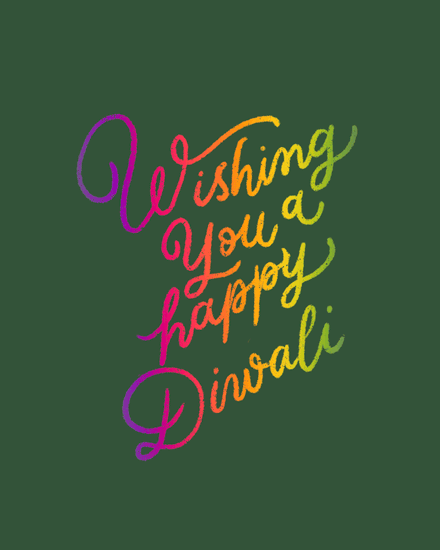 Rainbow gradient calligraphy reading “Wishing You a Happy Diwali” on dark green background