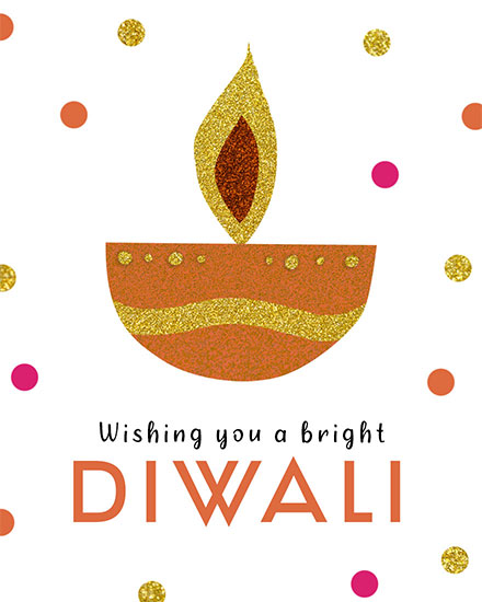 Illustration of a glittering diya with colorful dots and festive text.