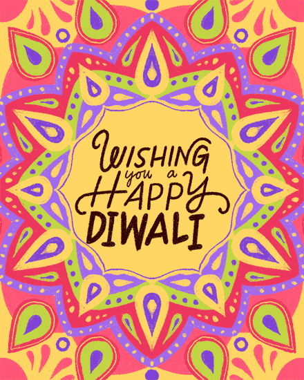 Colorful mandala with 'Wishing You A Happy Diwali' text.