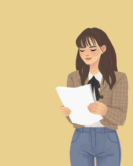 Illustration of a woman reading a paper, wearing blazer and jeans on beige background