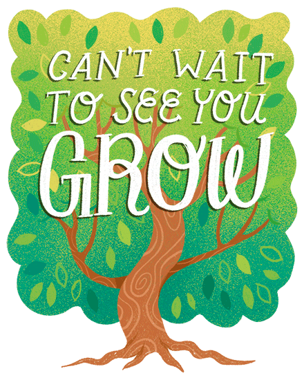 Hand-lettered quote over a leafy green tree illustration with textured foliage and brown trunk