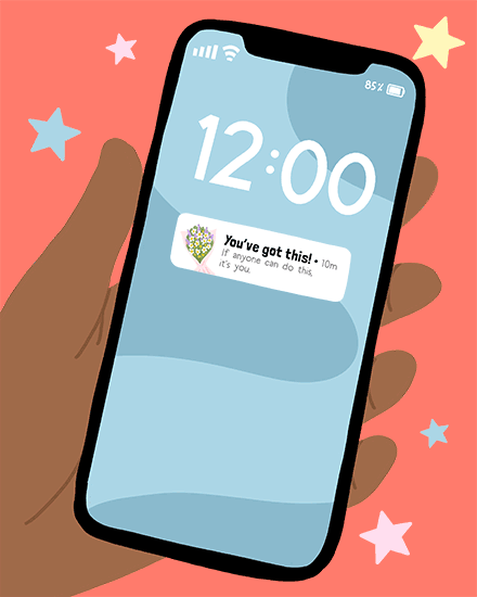 Illustration of hand holding phone with “You’ve got this” notification and starry coral background