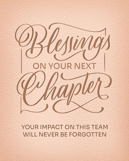 Blush textured background with elegant script text, “Blessings on your next chapter” and team tribute