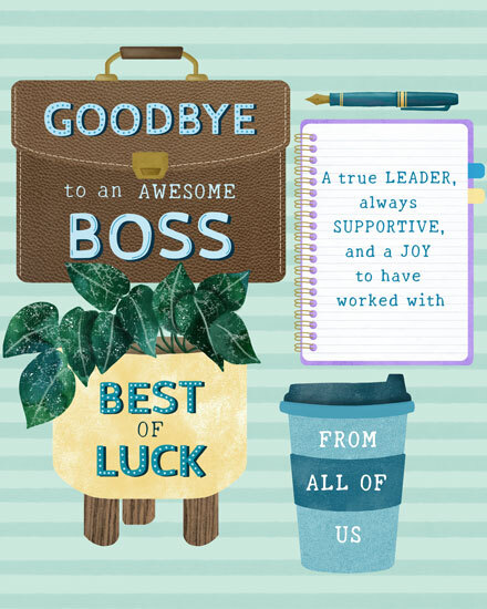 Goodbye boss design with suitcase text, plant, notebook message, and coffee cup on striped background