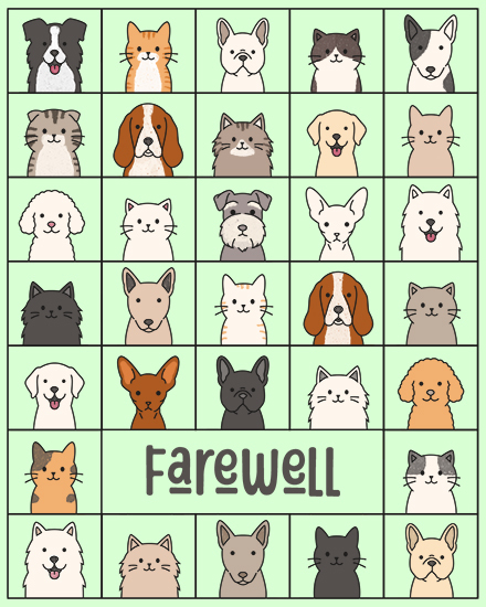 Mint grid of cartoon cat and dog faces with bold Farewell text at bottom