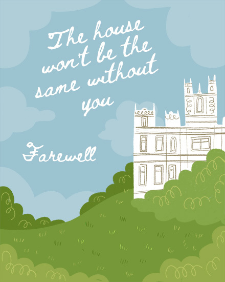 Illustrated house behind green hedges with blue sky and handwritten goodbye message