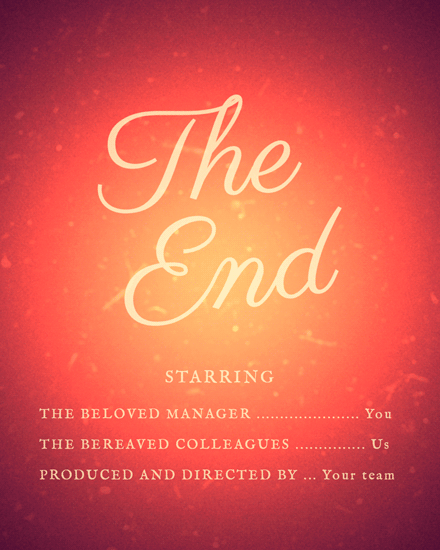 Red and gold spotlight gradient with “The End” script and movie-credit style text