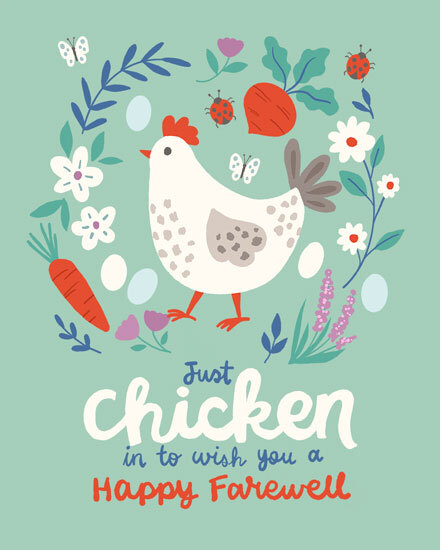 Cute hen with flowers, eggs, carrots, and ladybugs; text reads Happy Farewell