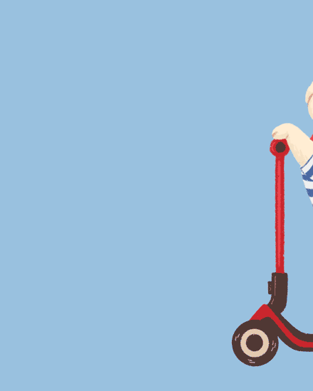 Minimal illustration of hand holding red scooter on sky-blue background with ample blank space