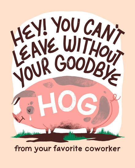 Funny goodbye design with pink pig illustration and bold text on peach background