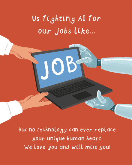 Human hands and robot arms holding a laptop labeled JOB on terracotta background