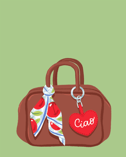 Illustrated brown handbag with patterned scarf and red heart keychain reading Ciao on green background