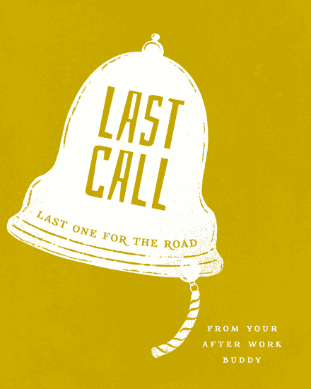 Yellow farewell card with white bell graphic and playful text.