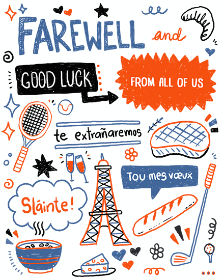 Colorful doodle style farewell design with Eiffel Tower, good luck text, and travel icons