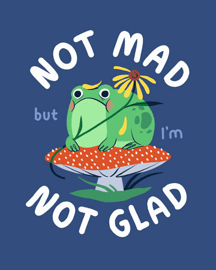 Frog sitting on a mushroom with playful text on blue background.